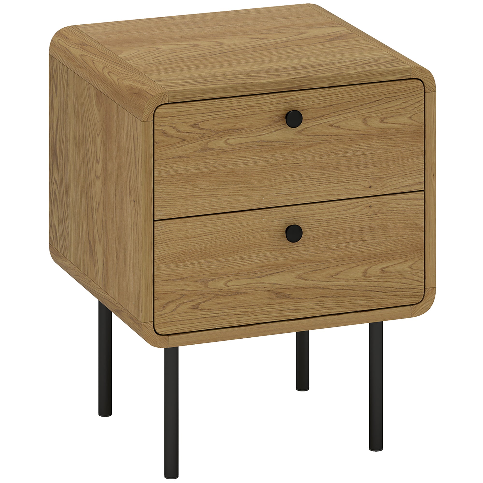 Oak two-drawer bedside table, front view