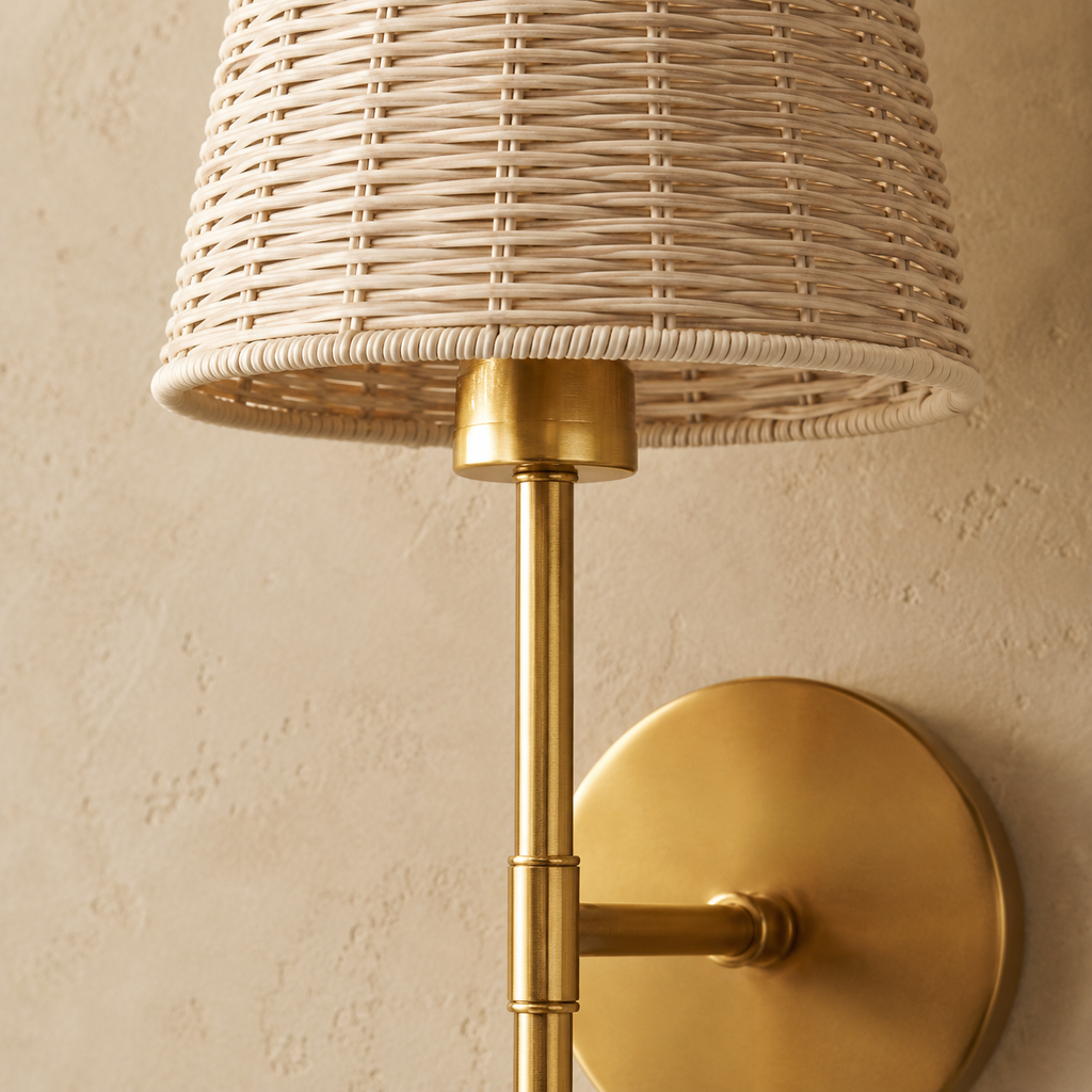 Close detail of woven natural shade and brushed gold palm wall light