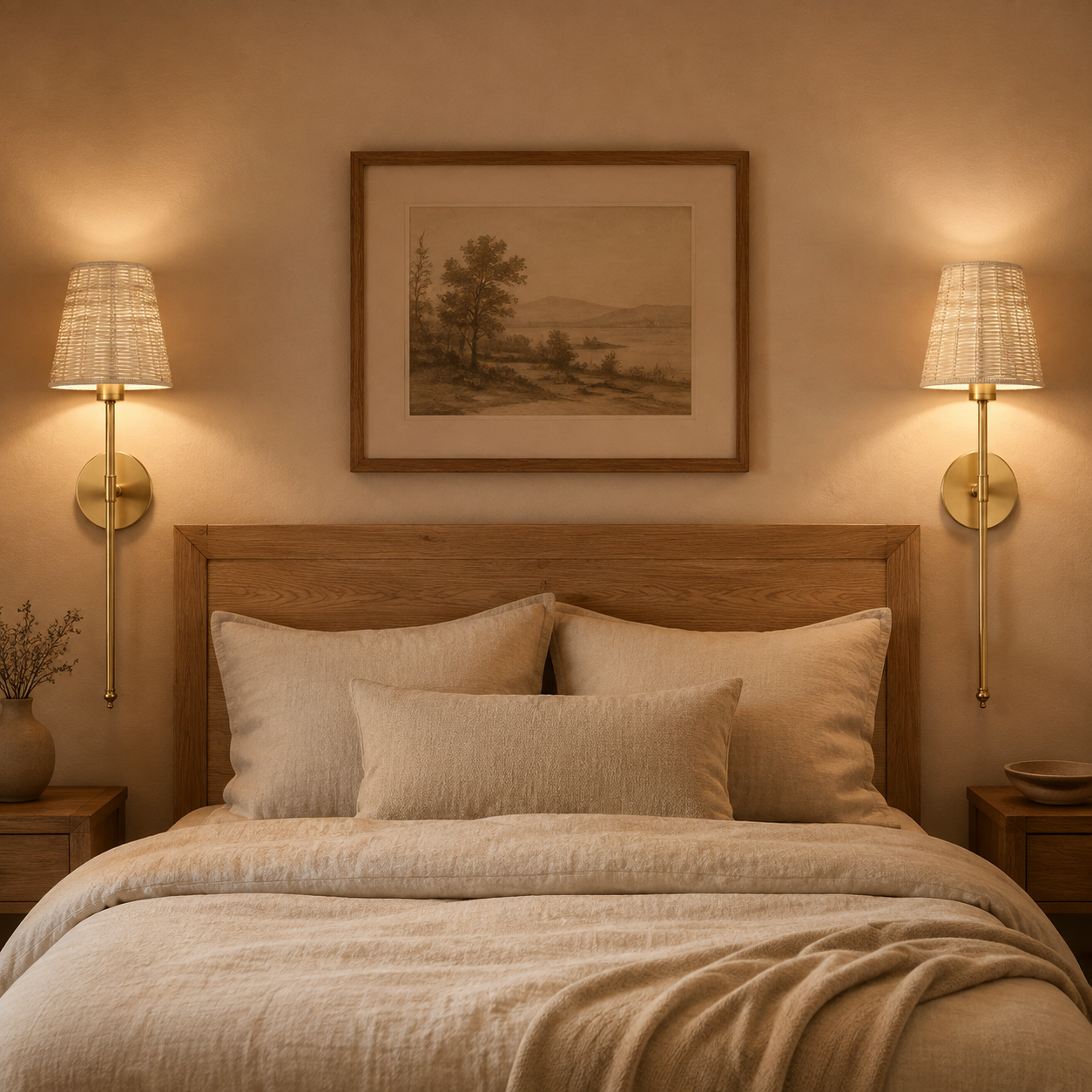 Gold palm wireless wall lights mounted beside a natural oak bed