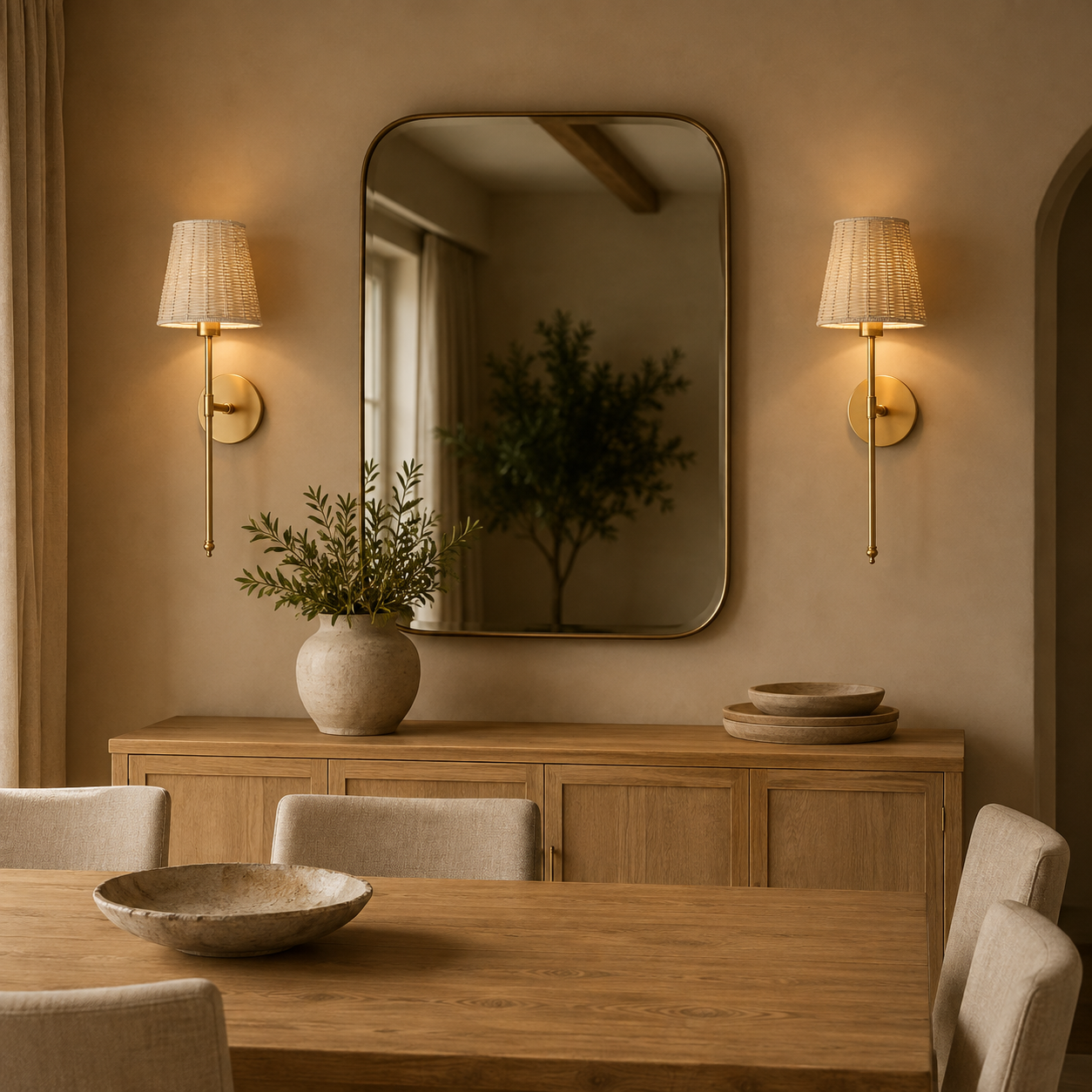 Gold palm wireless wall lights in a warm neutral dining room