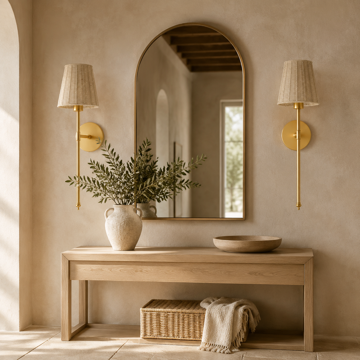Palm wireless wall lights flanking an arched hallway mirror