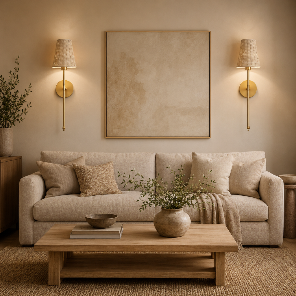 Palm wireless wall lights styled above a warm neutral living room sofa