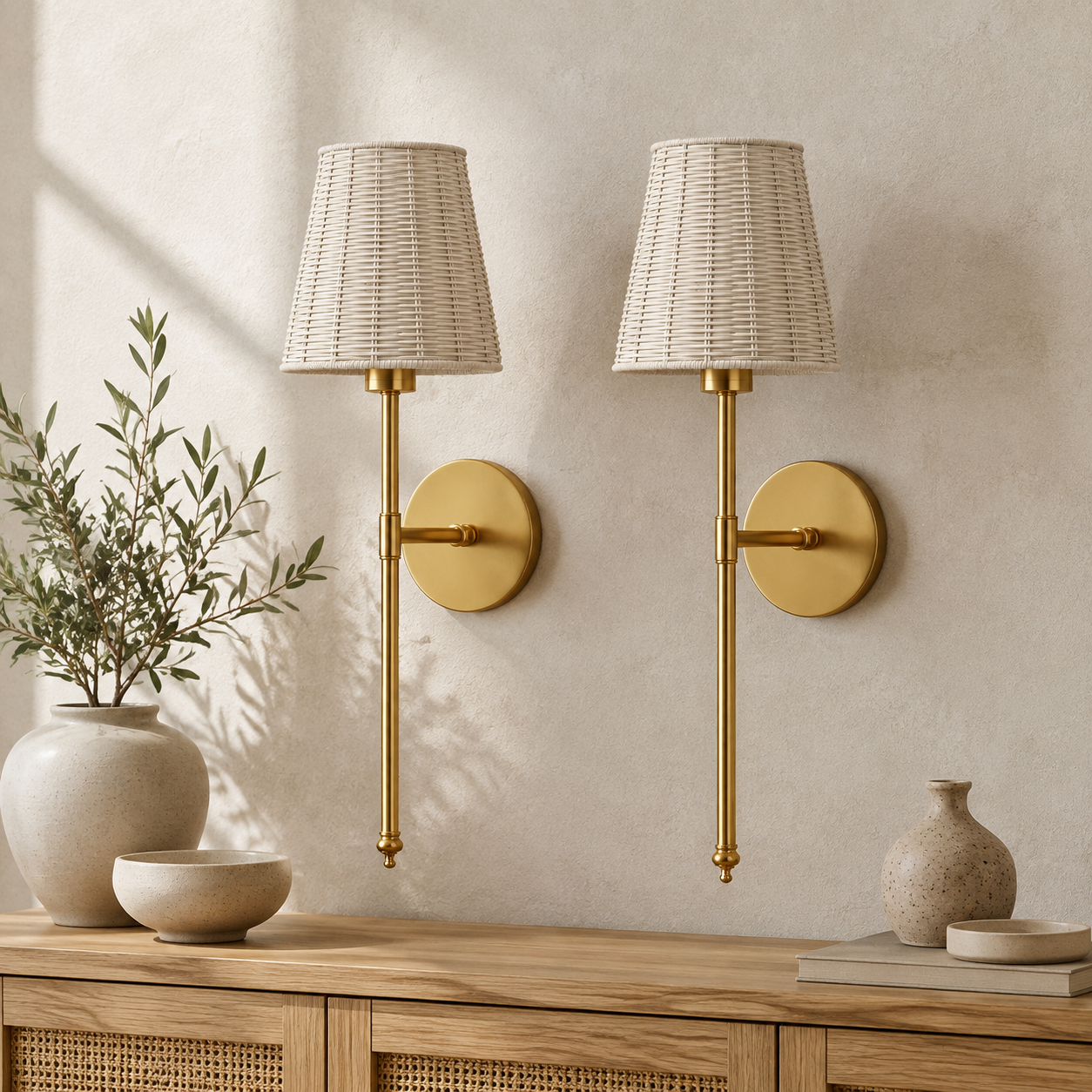Pair of gold palm wireless wall lights in natural daylight
