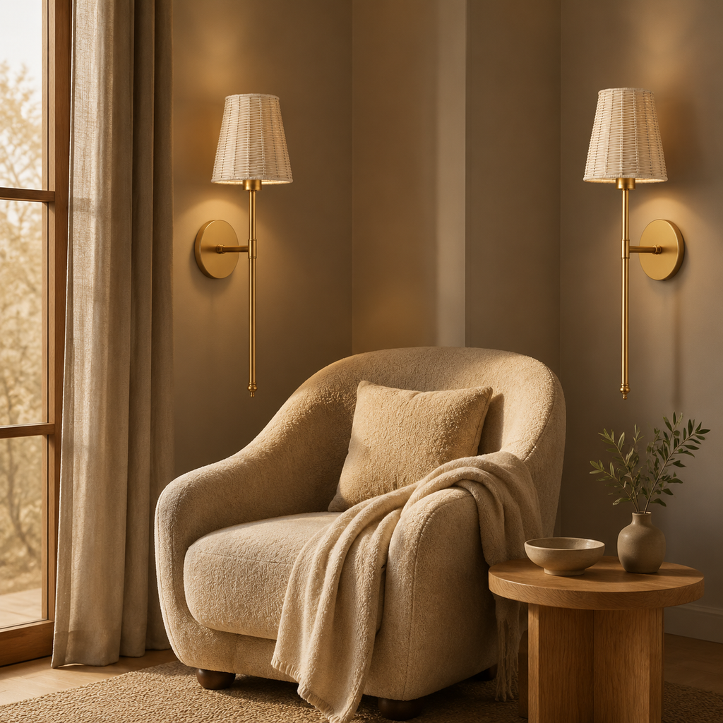 Palm wireless wall lights with woven shades in a cosy reading nook