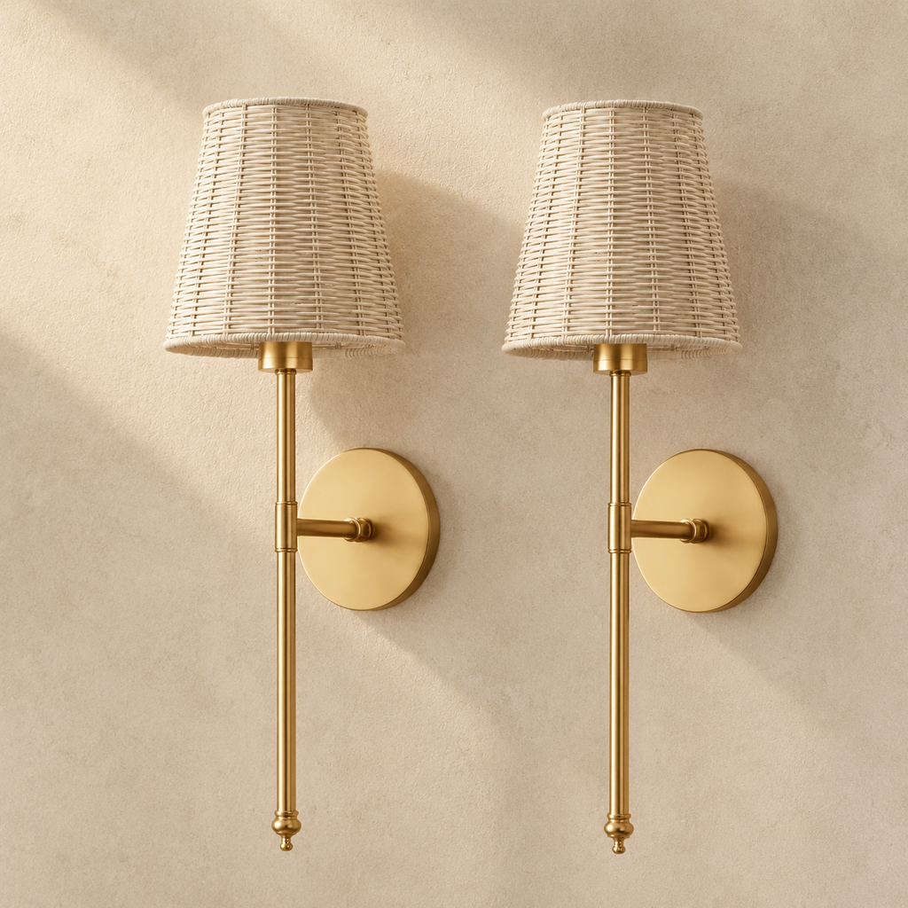 Palm wireless wall lights set of 2 in gold with woven natural shades