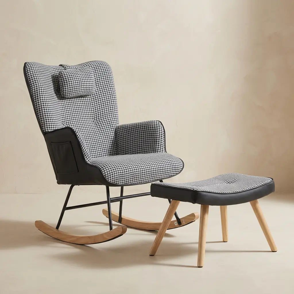 Patchwork rocking chair and matching footstool in a warm modern British living room