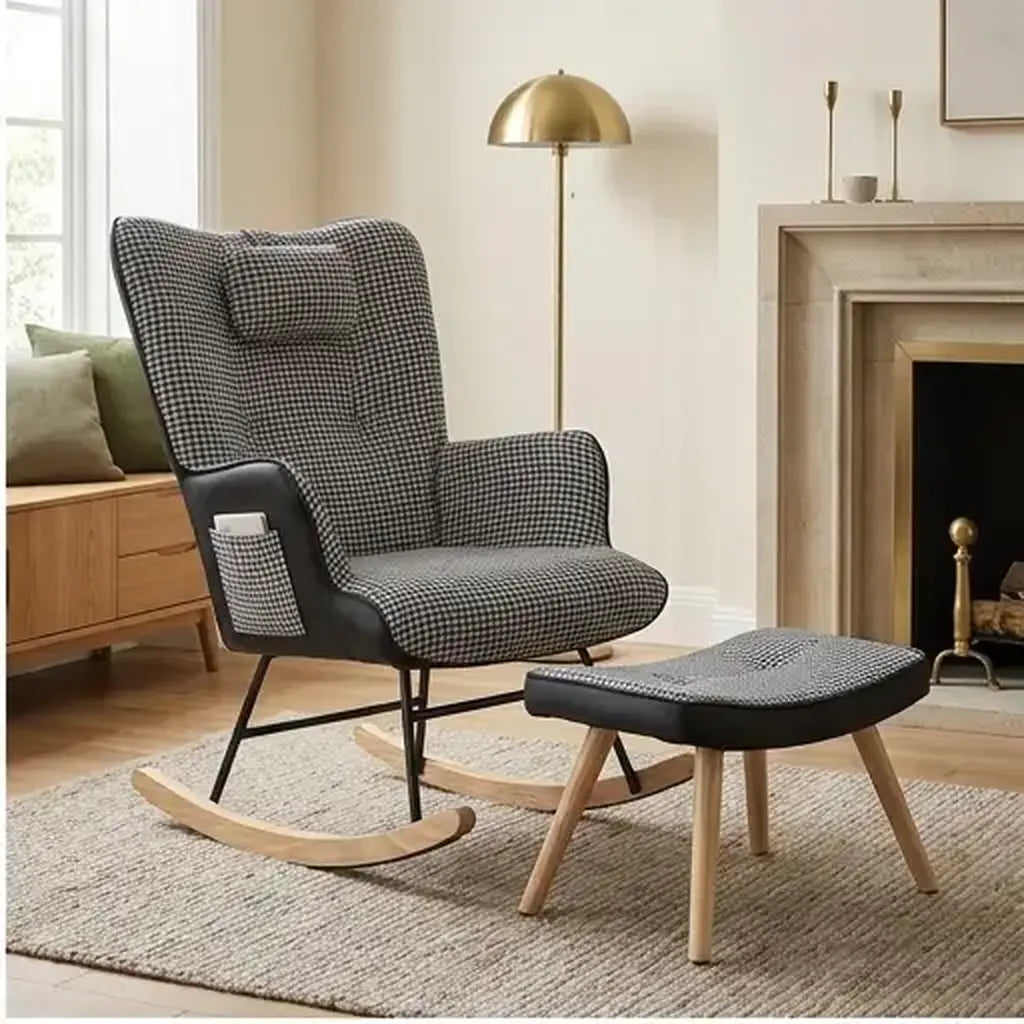 Patchwork rocking chair and matching footstool in a contemporary living room