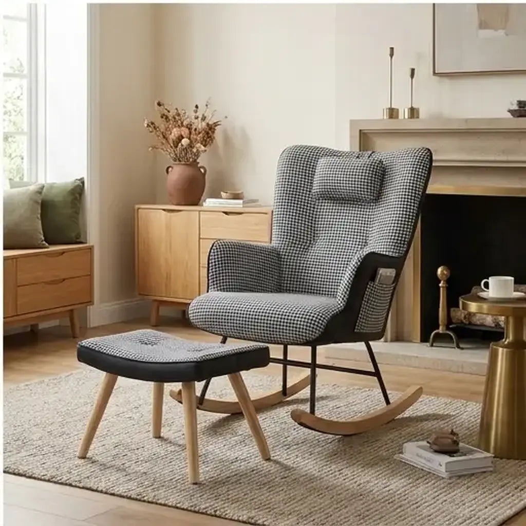 Patchwork rocking chair and matching footstool close product detail for a living room