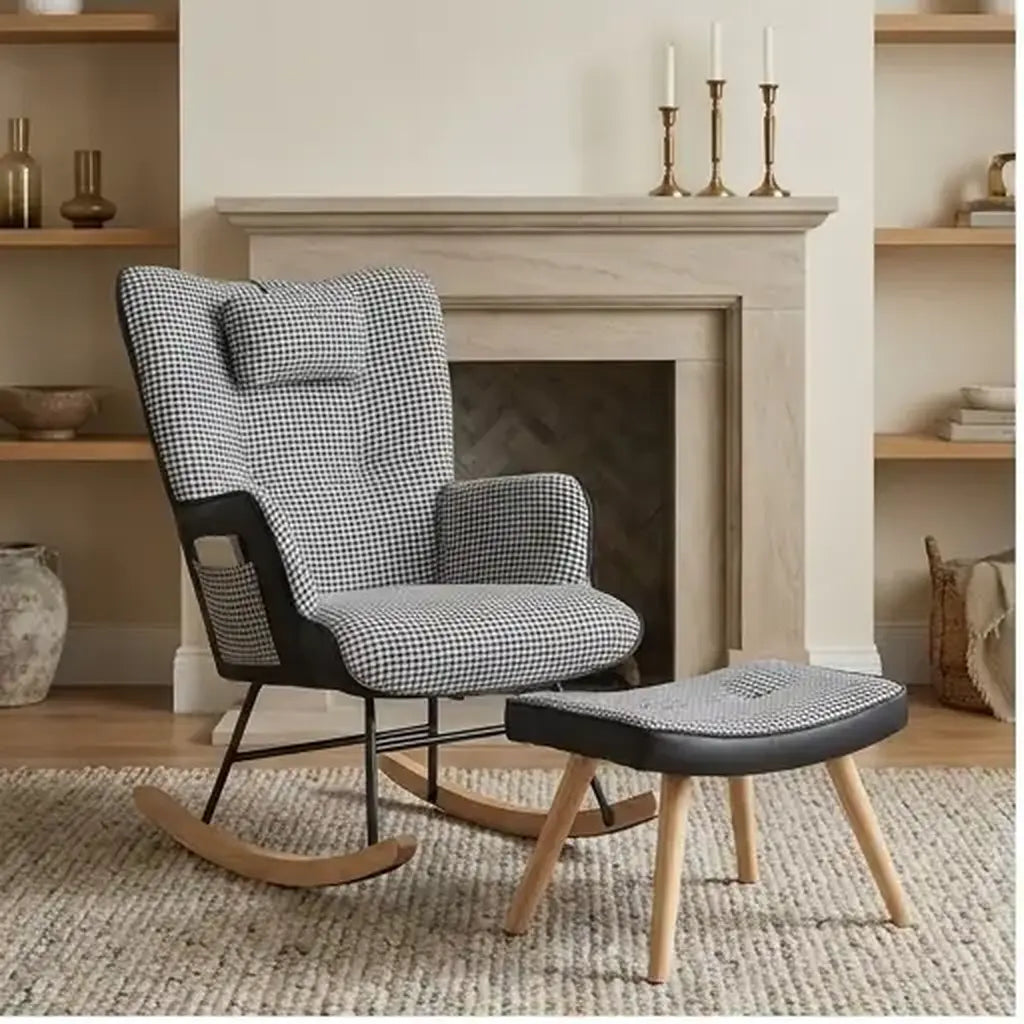 Patchwork rocking chair and matching footstool with warm natural wood styling in a living room