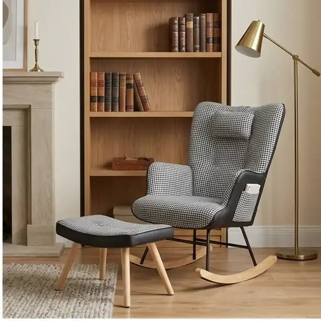 Patchwork rocking chair and matching footstool in soft natural daylight in a living room