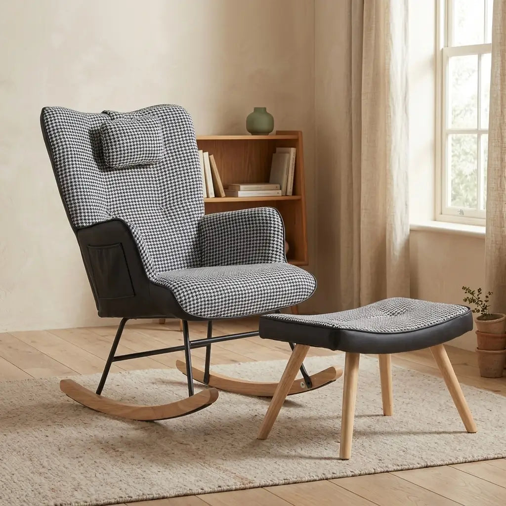 Patchwork rocking chair and matching footstool premium product hero view in a living room