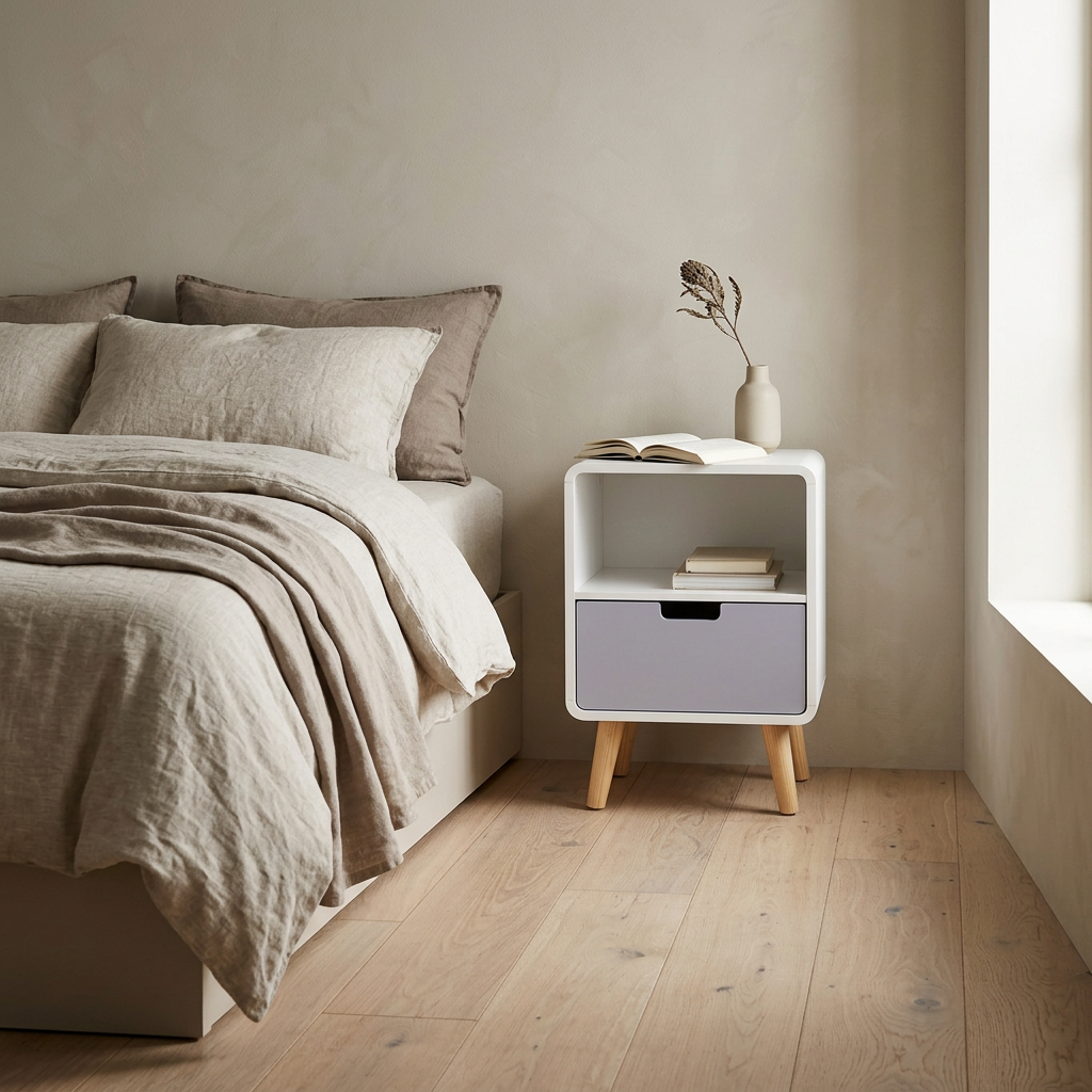 Pine bedside table with grey drawer and open shelf