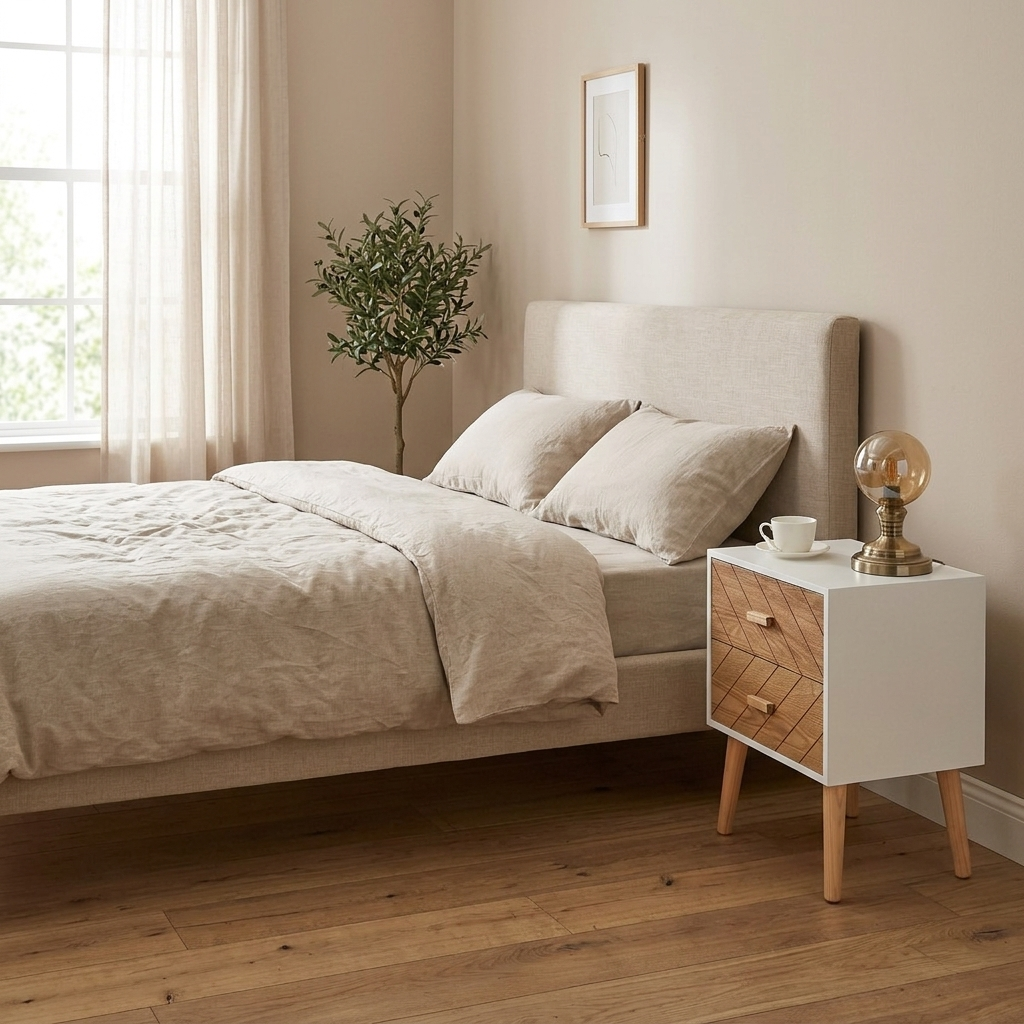 Pine-leg bedside table, side profile