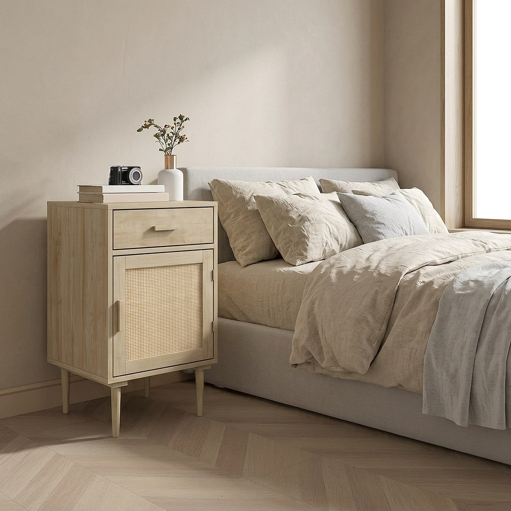Rattan bedside cabinet styled in a calm bedroom