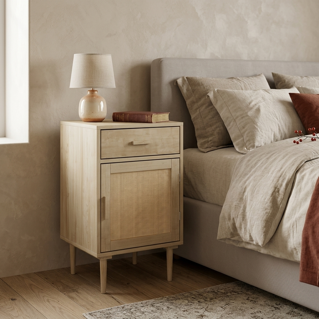 Rattan bedside cabinet with drawer and two-tier storage