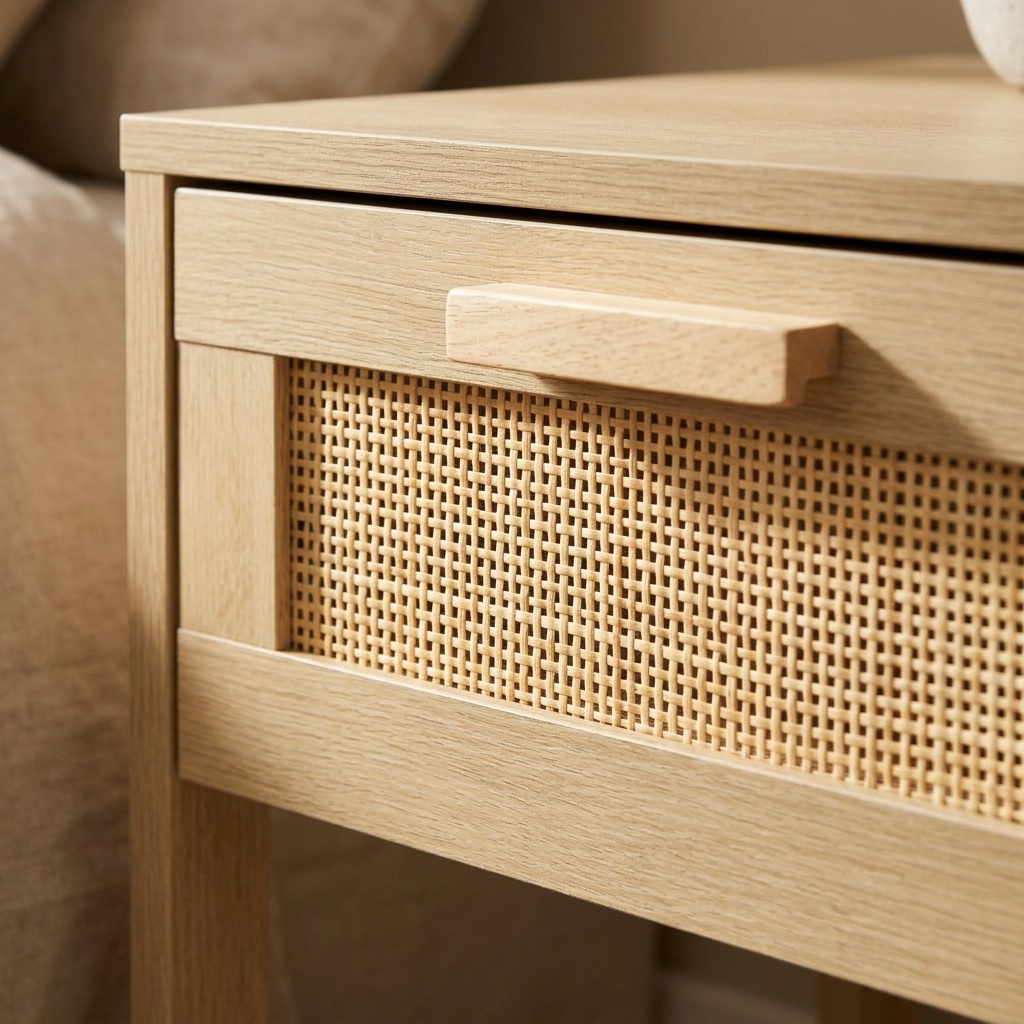 Rattan bedside drawers styled in a warm bedroom
