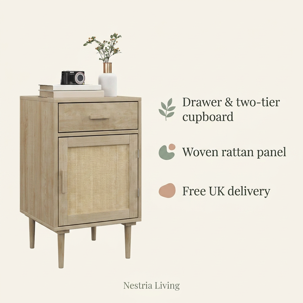 Rattan bedside storage cabinet, side profile