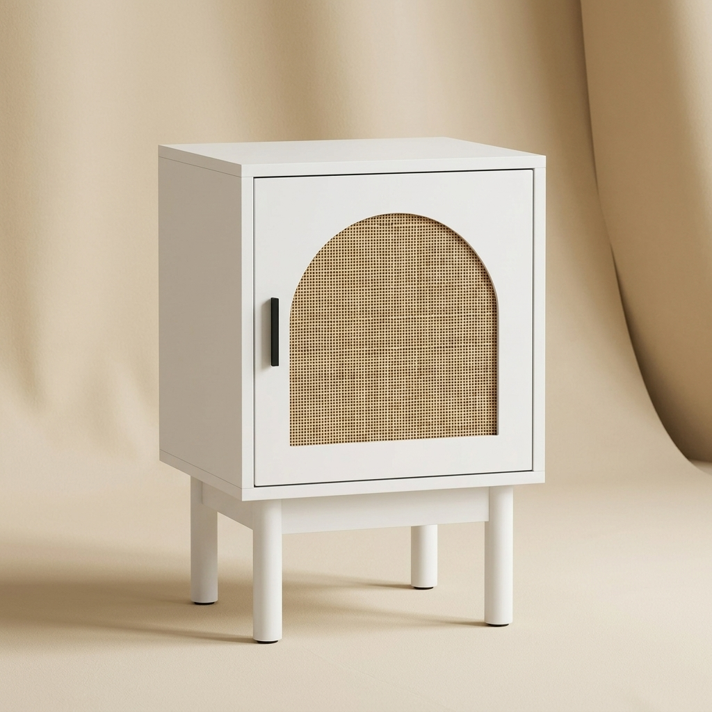 White rattan bedside table with arched cane door