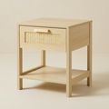 Rattan bedside table with woven drawer and open shelf