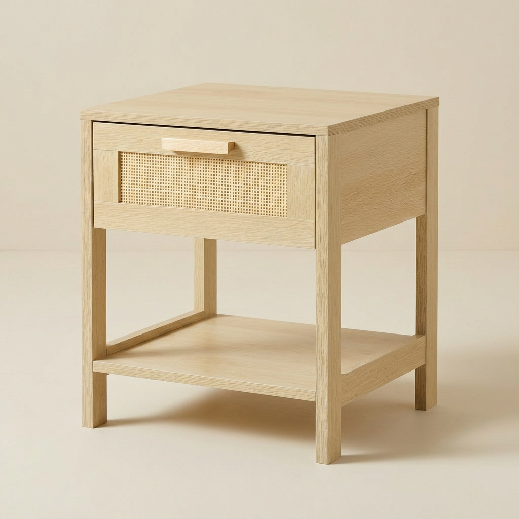 Rattan bedside table with woven drawer and open shelf