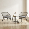 Light grey rattan bistro set with two chairs and table on a white background