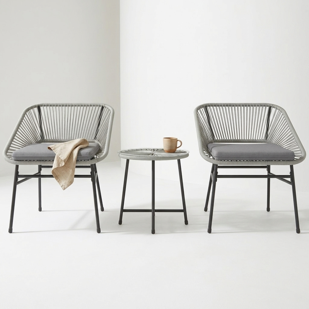 Light grey rattan bistro chairs angled studio shot