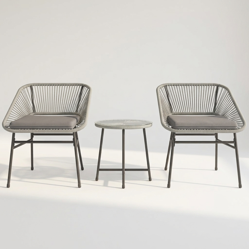 Rattan bistro set weave and glass table detail