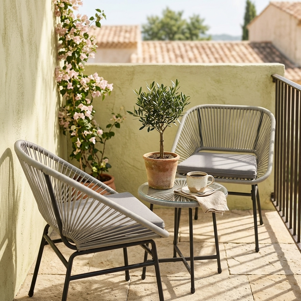 Grey rattan bistro set on a sunny balcony corner