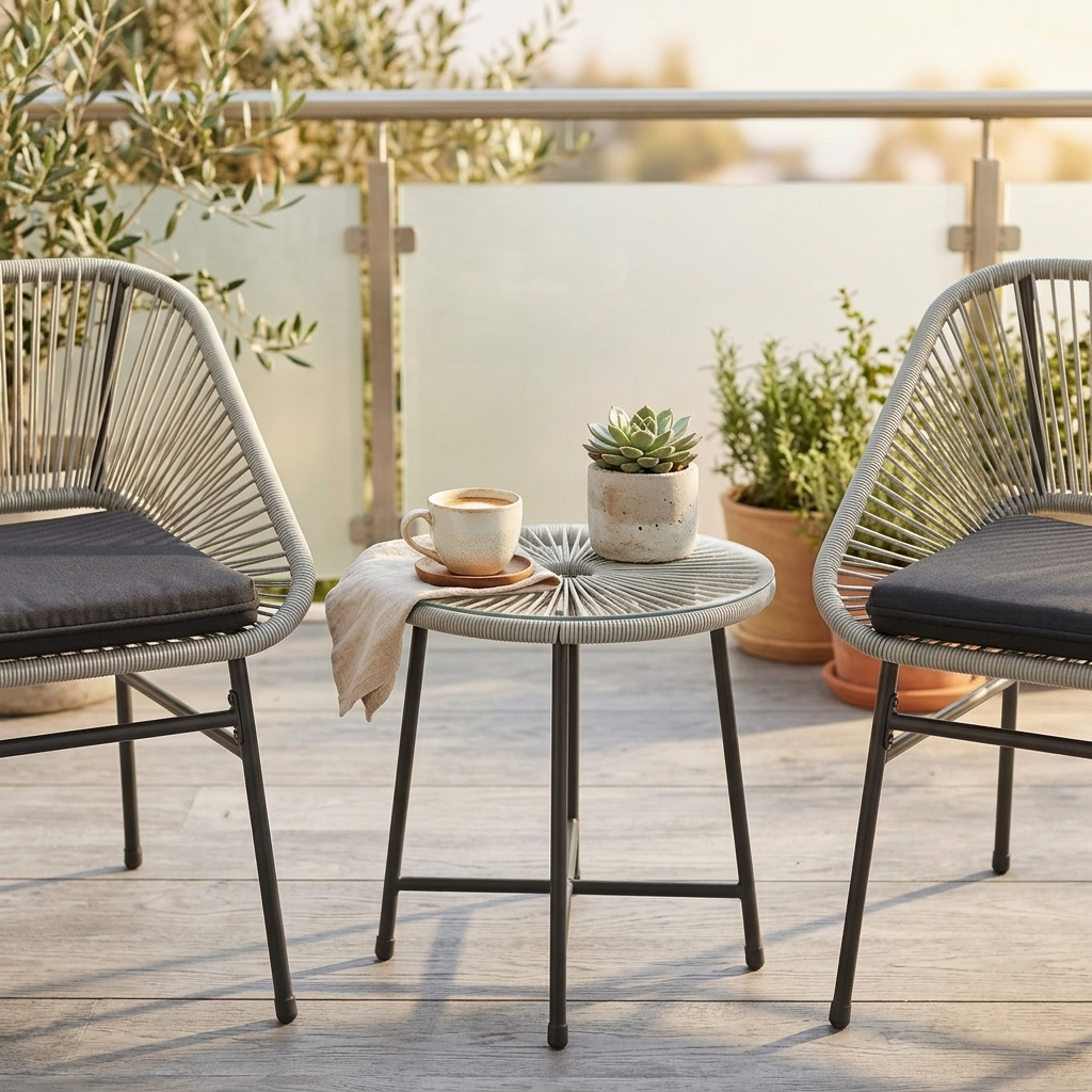 Light grey rattan bistro set styled with coffee and a plant