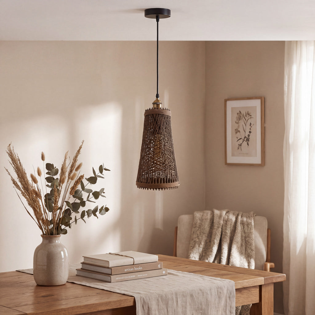 Large natural woven rattan ceiling light styled above a wooden dining table