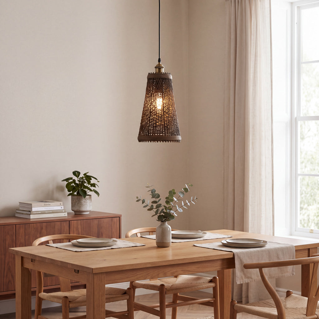 Large natural woven rattan ceiling light glowing above a neutral dining room
