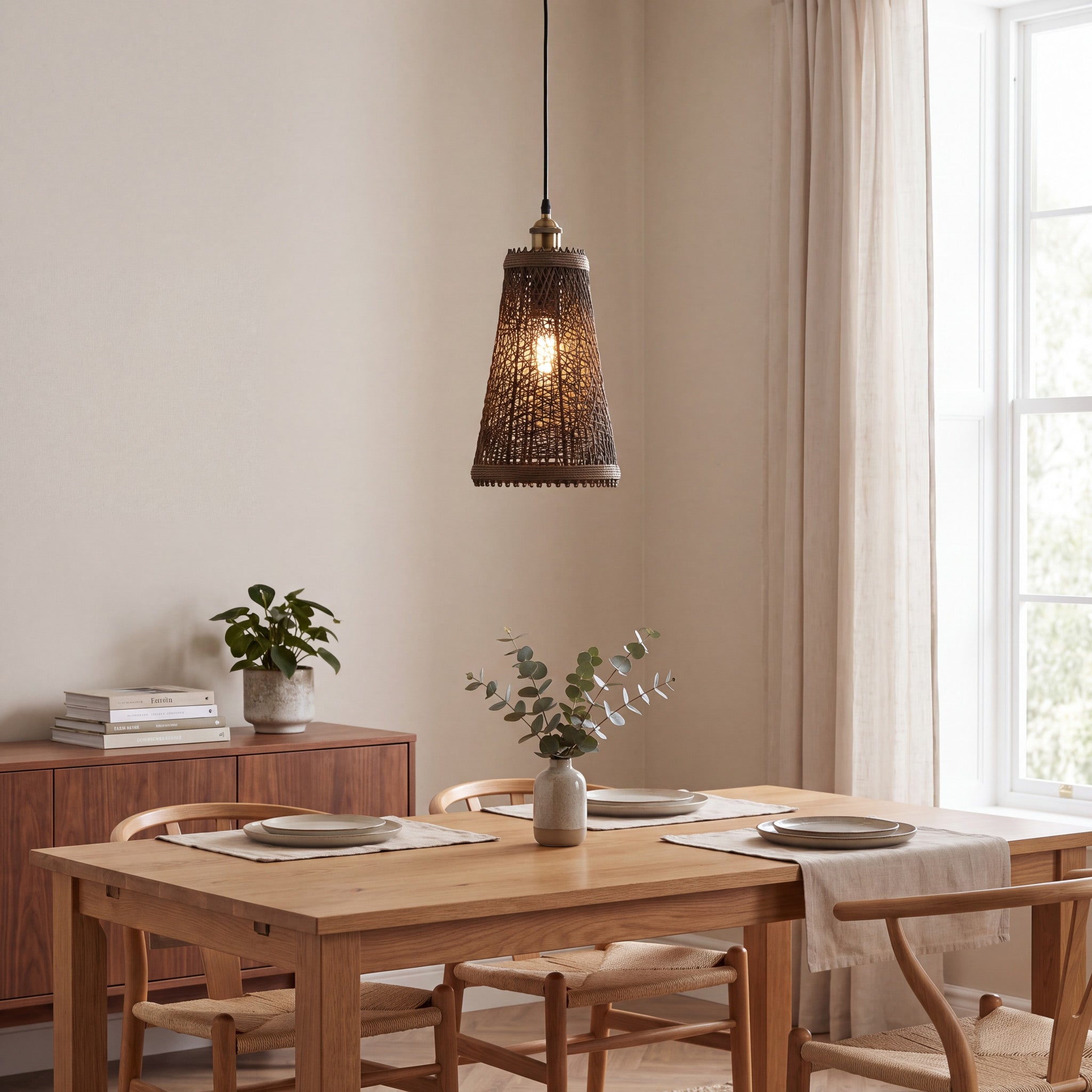 Large natural woven rattan ceiling light glowing above a neutral dining room