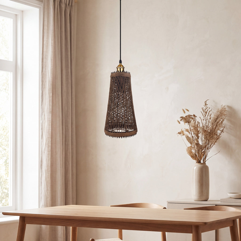 Large natural woven rattan ceiling light styled in a calm neutral room
