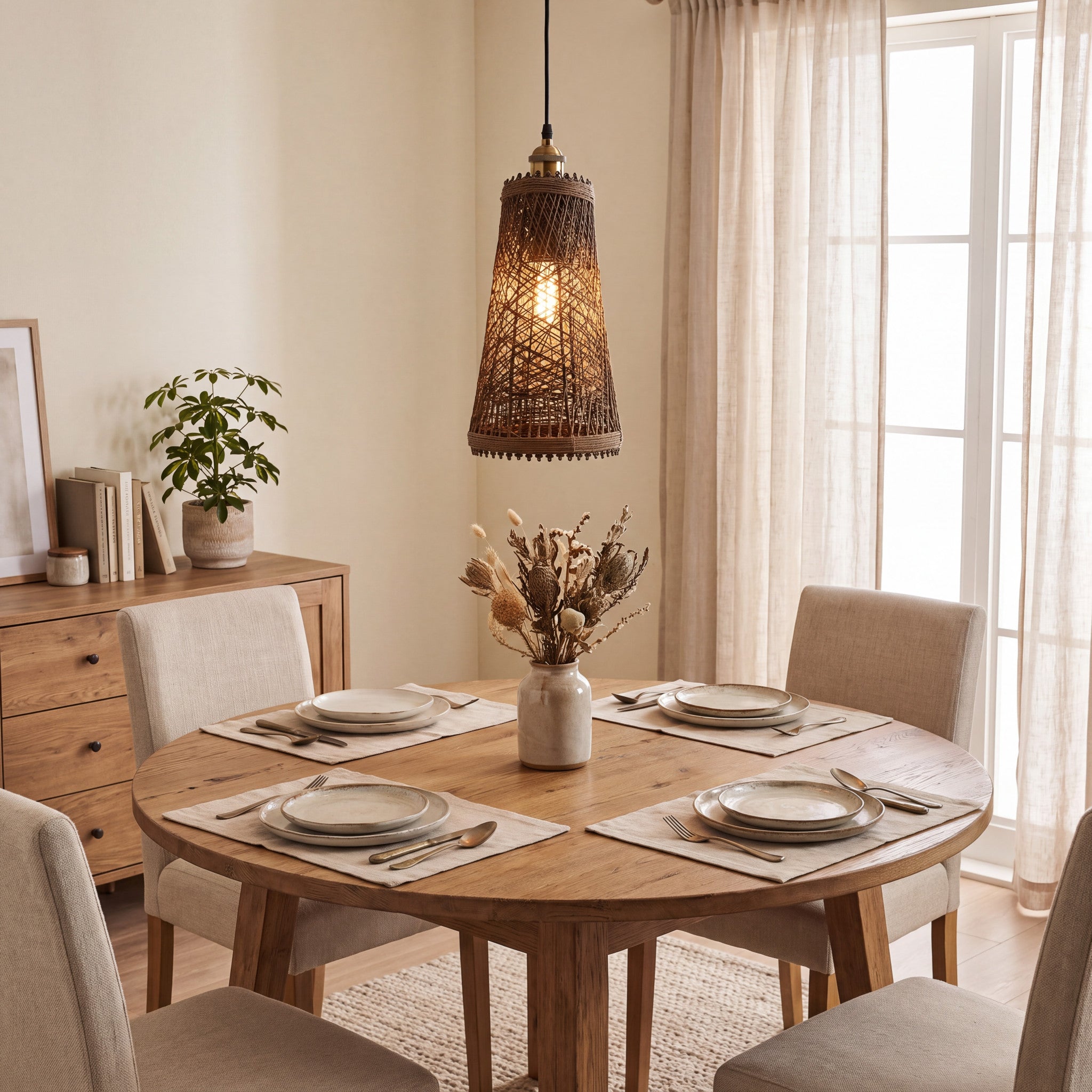 Large natural woven rattan ceiling light styled above a round dining table