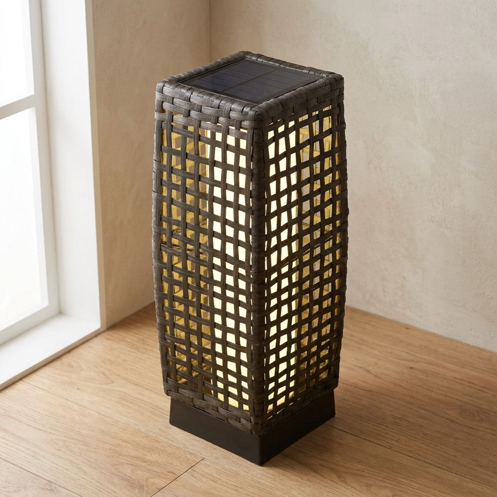 Solar garden lantern with top solar panel and rattan-effect finish