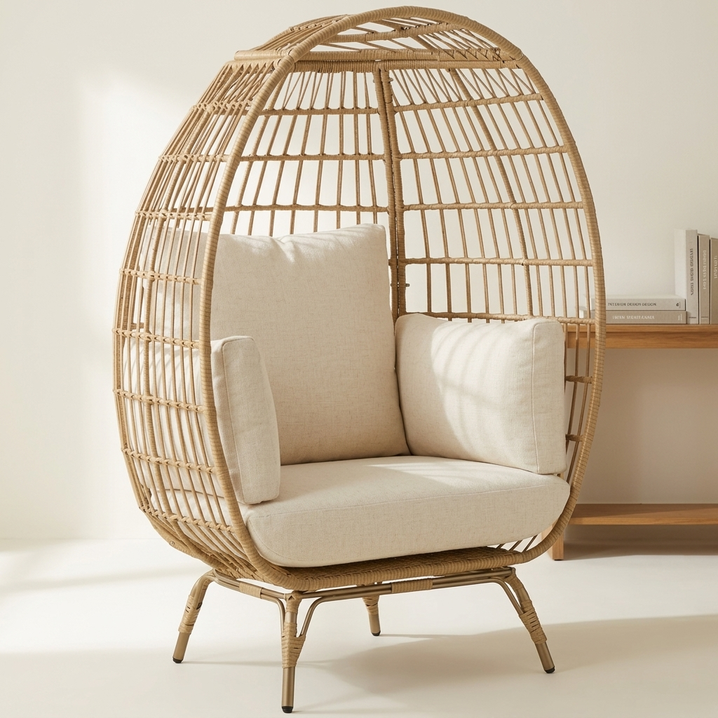 Natural rattan egg chair with cream cushions on a white background