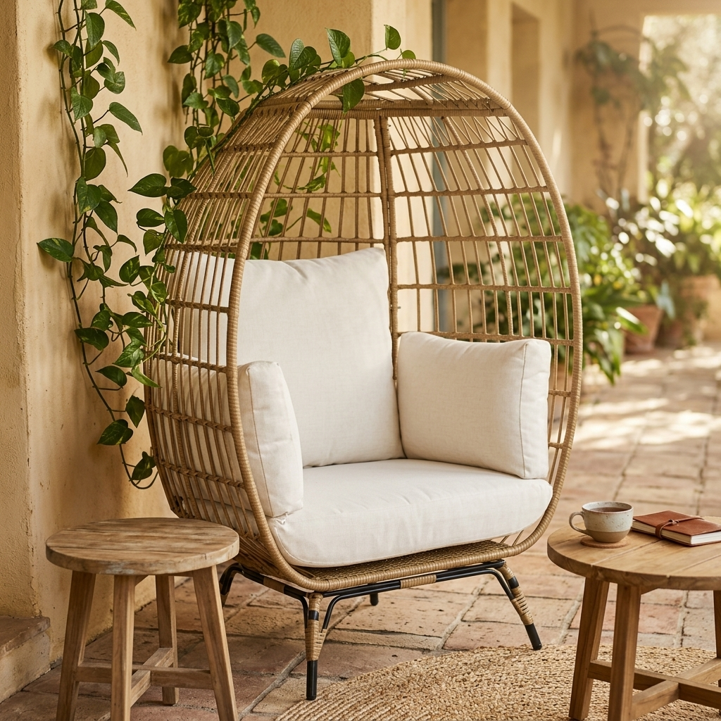 Rattan egg chair on a calm patio corner with a plant