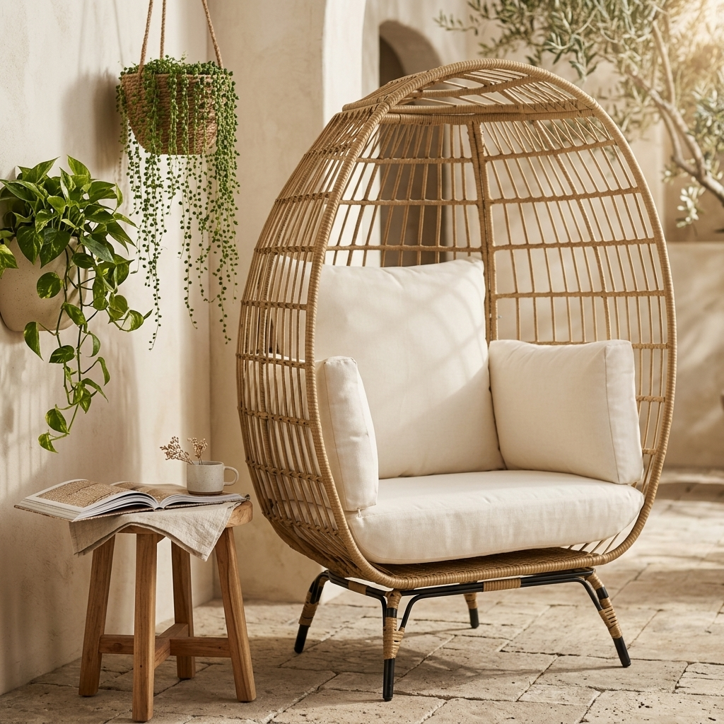 Natural egg chair styled in an outdoor relaxation nook