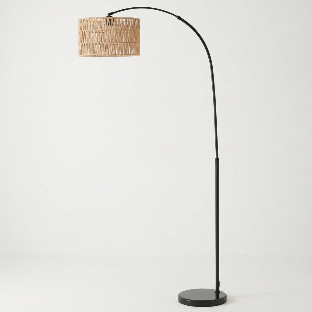 Arc floor lamp with hemp rope drum shade angled shot
