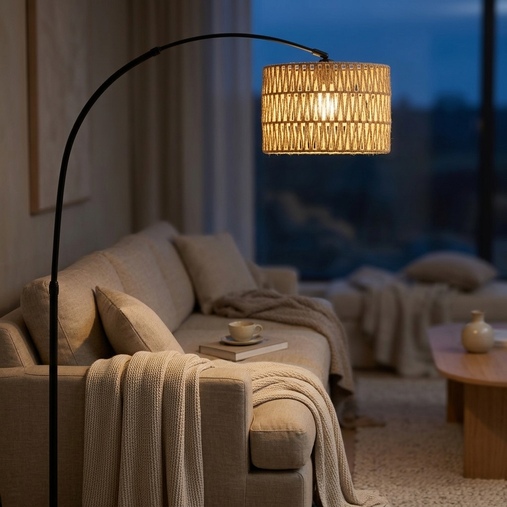 Rattan arc floor lamp glowing over a sofa in a calm living room