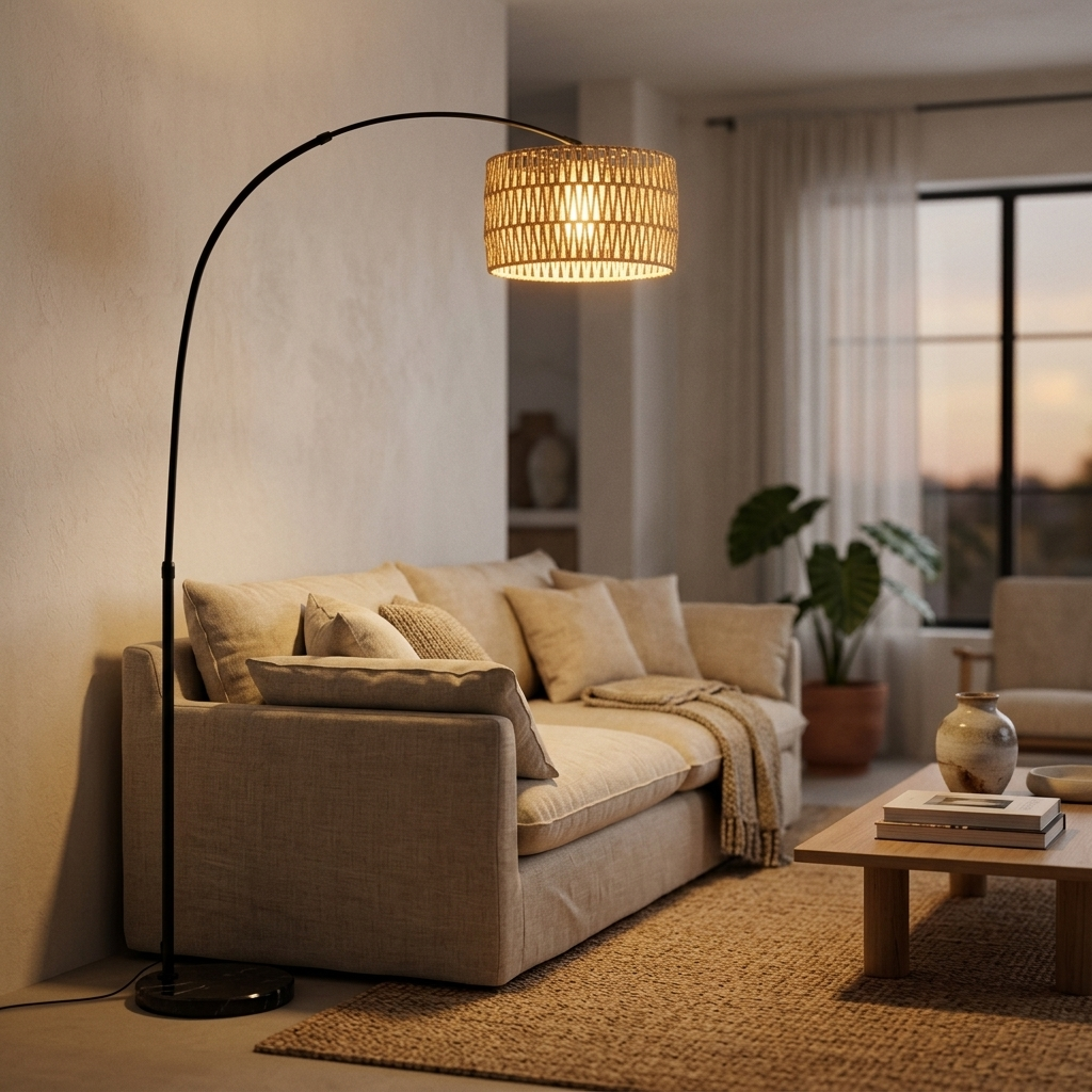 Farmhouse arc floor lamp lighting an evening living room
