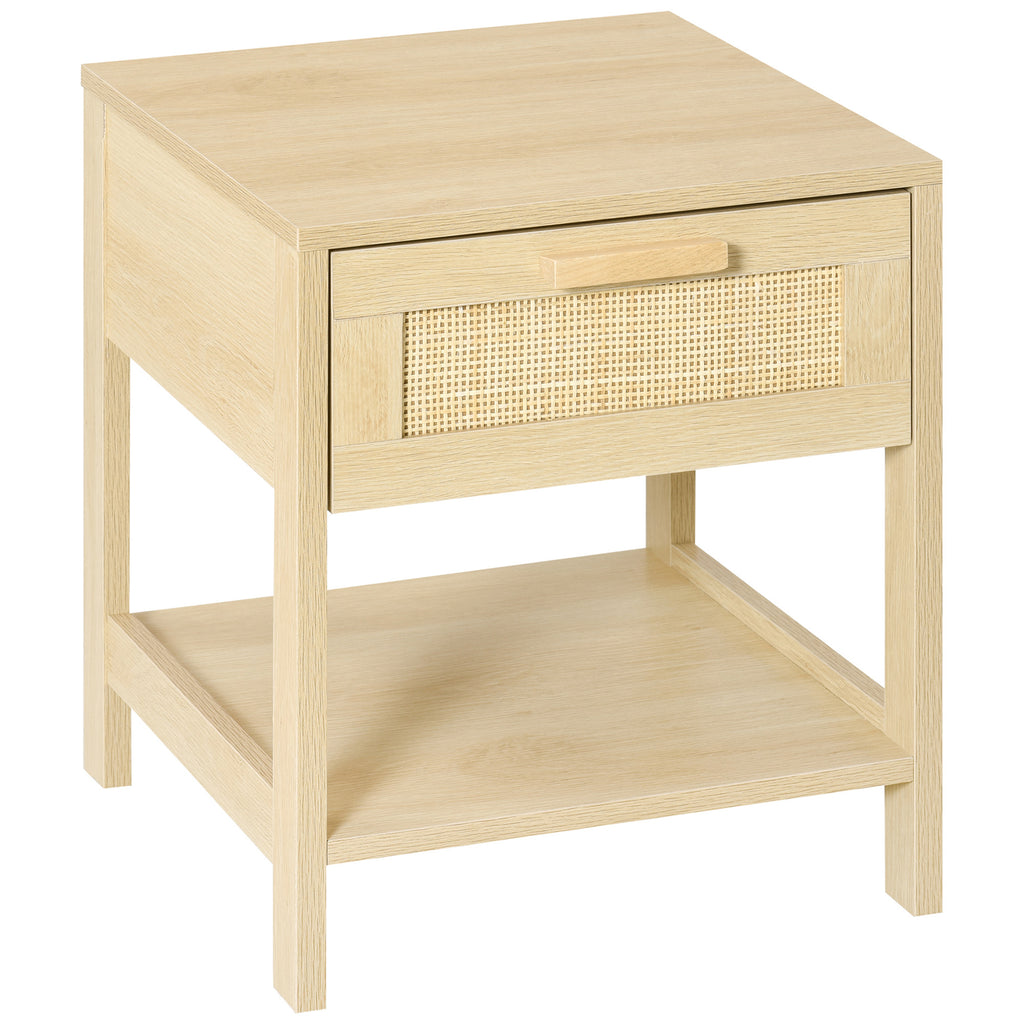 Rattan nightstand with woven drawer, front view