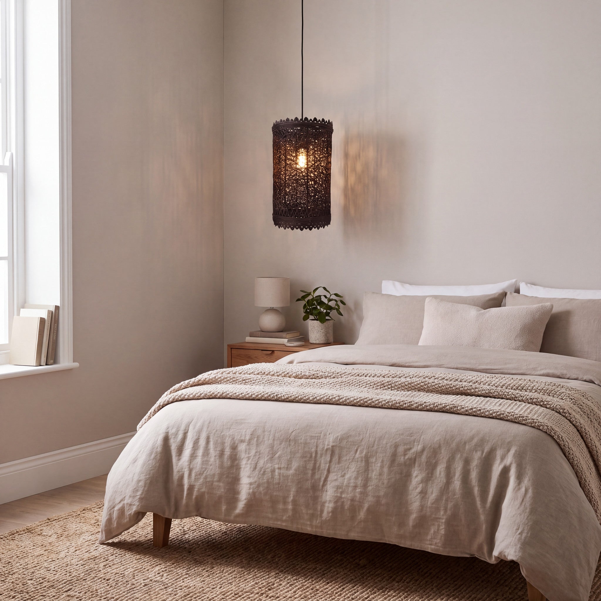 Natural woven rattan pendant light styled above a neutral bedroom