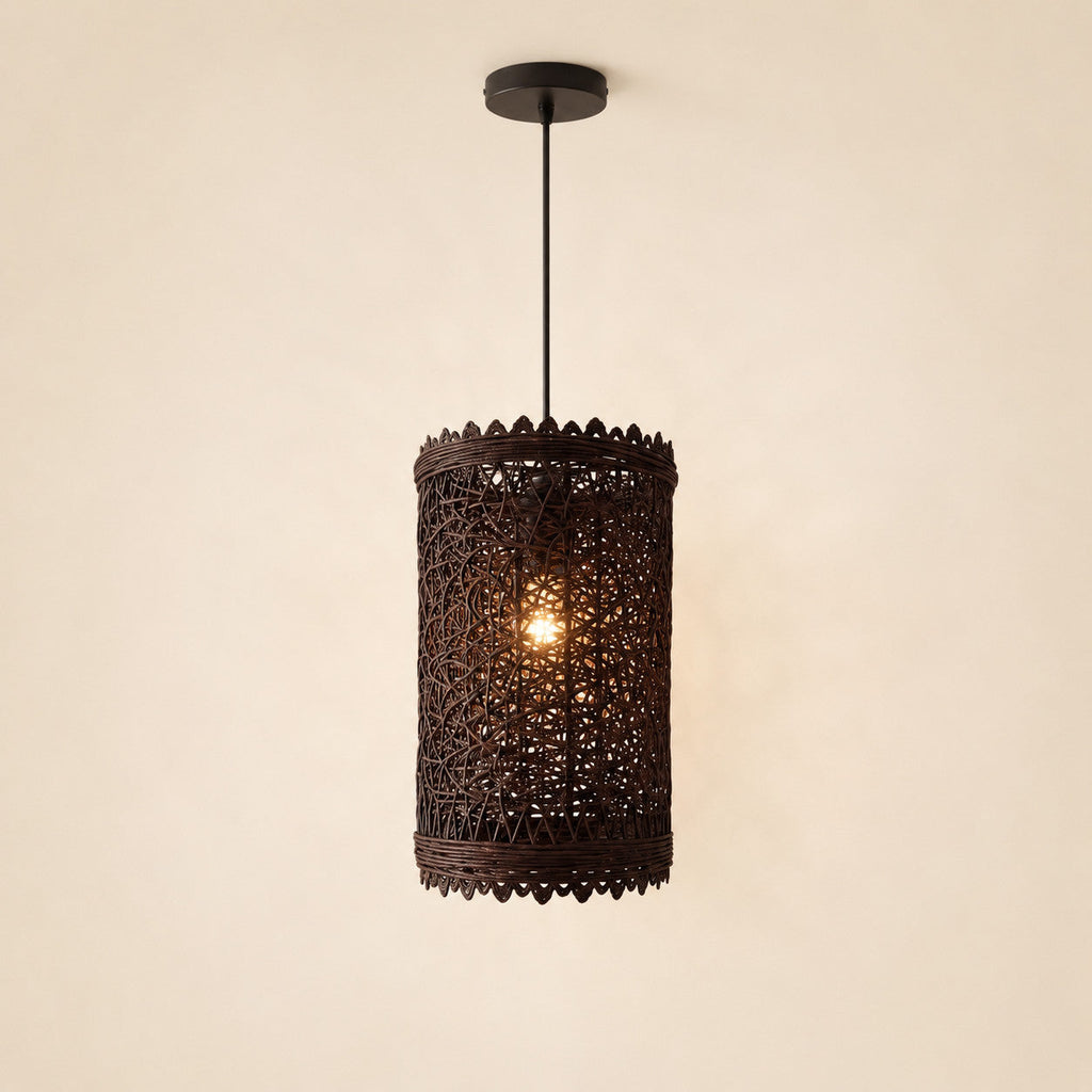 Rattan pendant light with natural woven shade on a warm cream Nestria background
