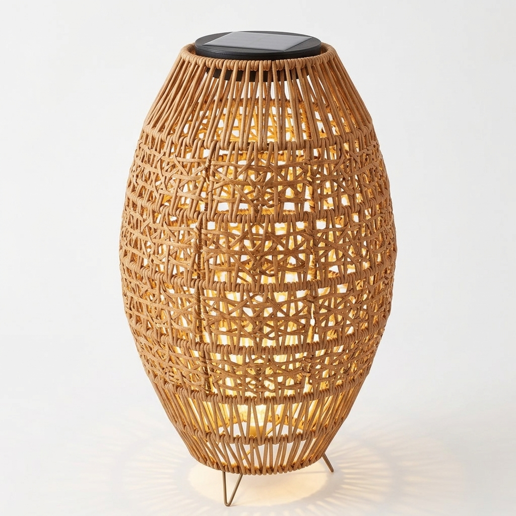 Rattan solar lantern with cut-out pattern on a white background