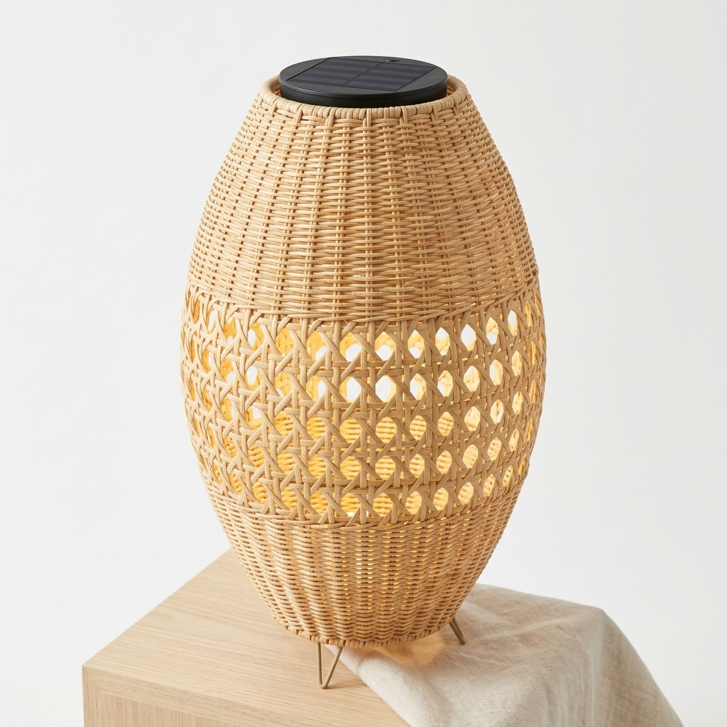 Woven rattan solar lantern full view