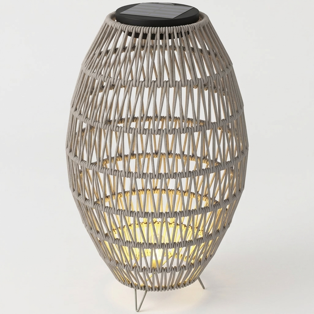 Rattan solar lantern angled studio shot