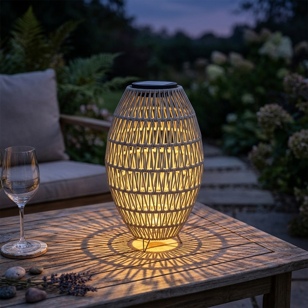 Rattan solar lantern glowing on a garden table at dusk