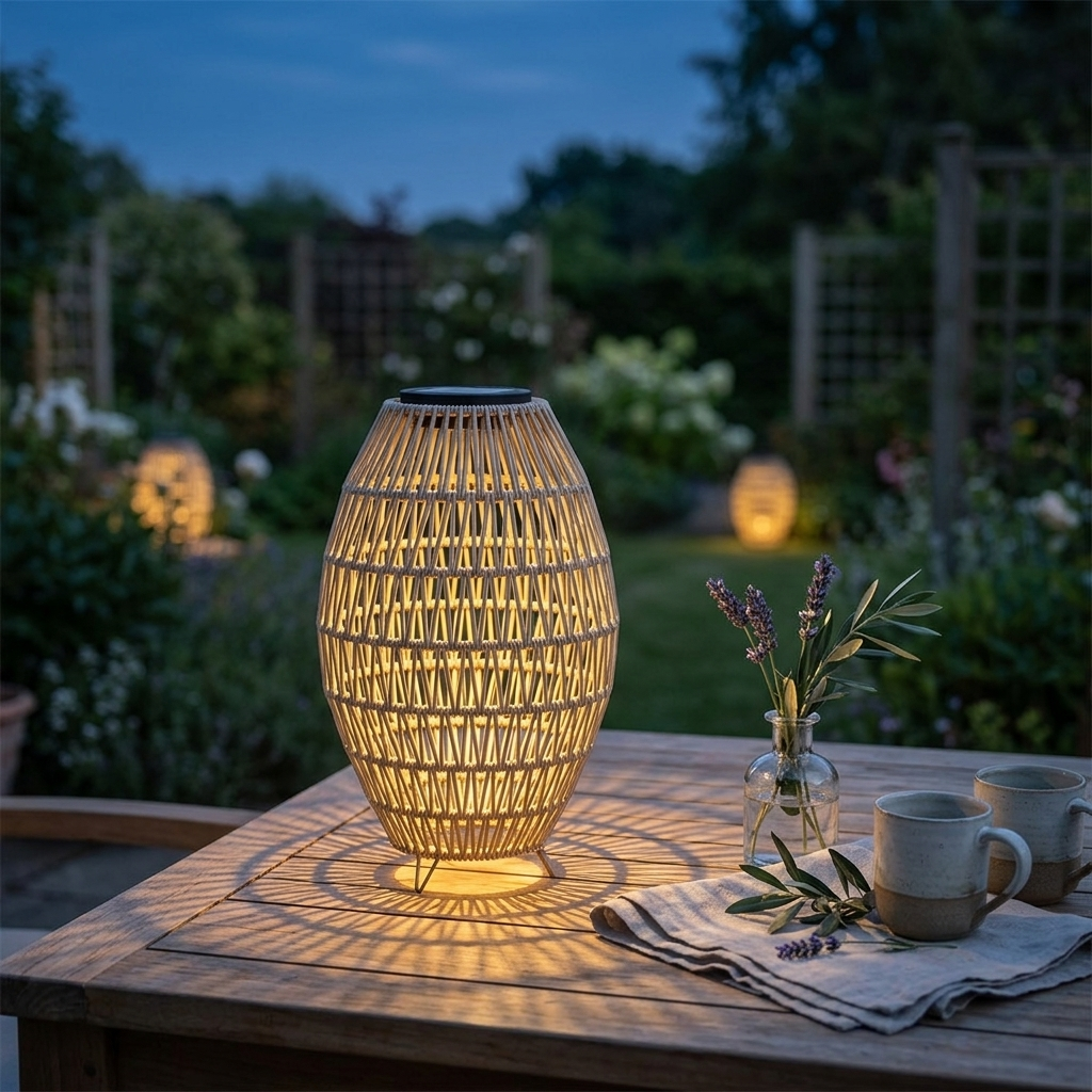 Solar lantern casting patterned light in an evening garden