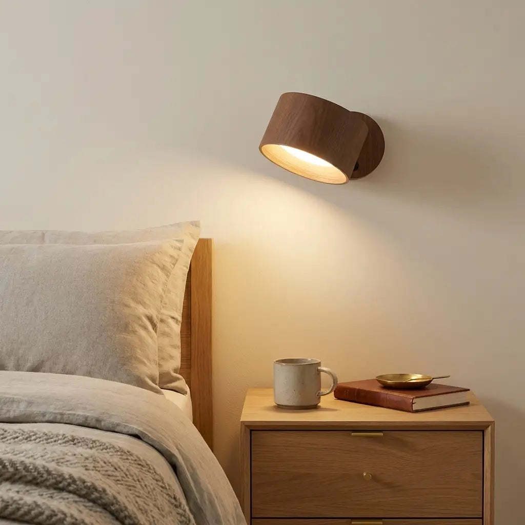 Rechargeable wall light with warm white LED in a contemporary bedroom